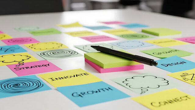 Colorful sticky notes with ideas and a pen on a white table.
