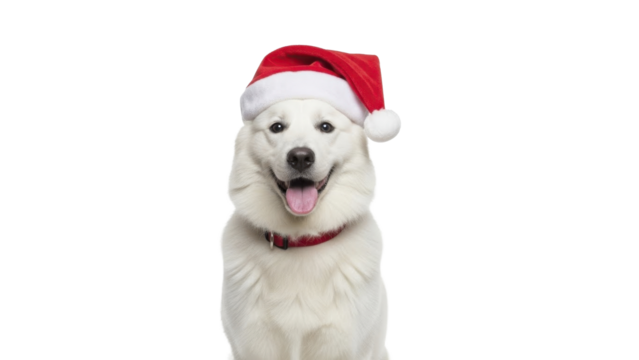  White dog wearing Santa hat smiling with tongue out on a transparent background PNG image