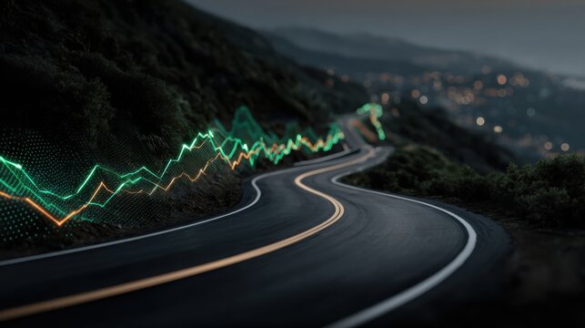 Clean road with a green line representing the pathway of ai trading strategy and innovative roadmap concepts