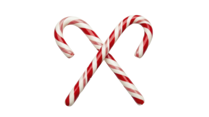 Two classic red and white striped candy canes crossed, on a transparent background, PNG image