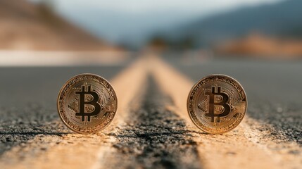 Bitcoin positioned on a road depicting the journey of digital currency in a cross-border payment roadmap concept
