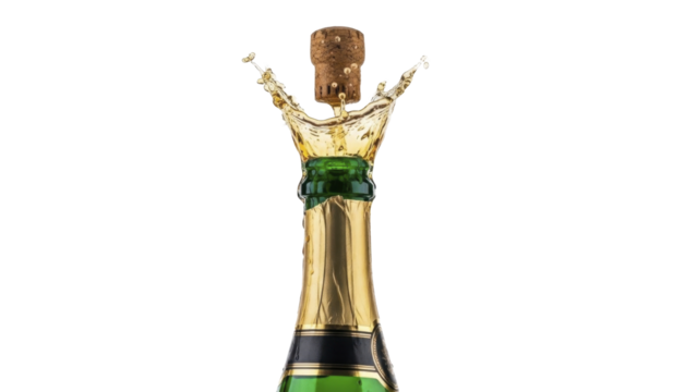 Champagne bottle popping cork flying liquid splash on transparent background PNG image PNG file