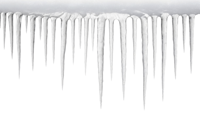 Many frosty natural icicles hanging, on a transparent background, PNG image, PNG file