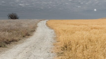 A scenic dirt road meandering through a lush green field with blue skies and fluffy clouds in the background