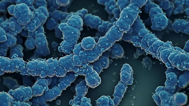Blue Bacteria Chain Microscopic View Cinematic Footage