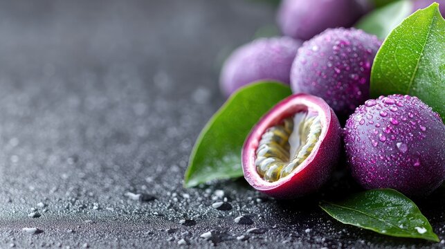 Close-up of passion fruit with water drops and green leaves on a dark surface. One fruit is cut open, revealing the seeds. - Powered by Adobe