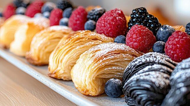 Close-up of a plate with various pastries and fresh berries, including raspberries, blueberries, and blackberries. The pastries are dusted with powdered sugar,