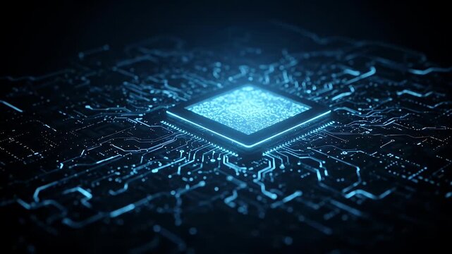 Blue Circuit Board Technology Animation With Glowing CPU Microchip
