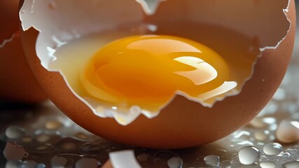 Close-up view of a freshly cracked brown egg revealing its vibrant yellow yolk and clear albumen. - Powered by Adobe