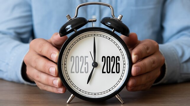 Hands holding an antique alarm clock showing the transition from the year 2025 to 2026 symbolizing the passage of time and the approaching new year