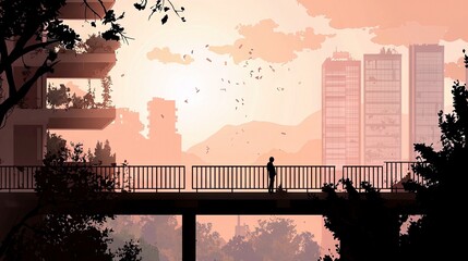 Silhouette of a person standing on a bridge, overlooking a cityscape at sunset. Buildings and trees are in the background.