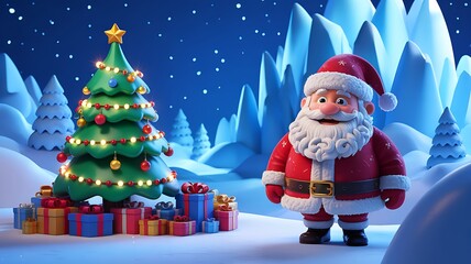 Whimsical santa claus stands beside a brightly lit christmas tree adorned with gifts in a snowy magical winter wonderland landscape