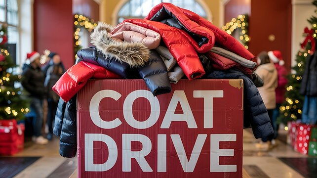 Pile of warm winter coats overflowing from a red donation bin with the words coat drive written on it during the holiday season - Powered by Adobe