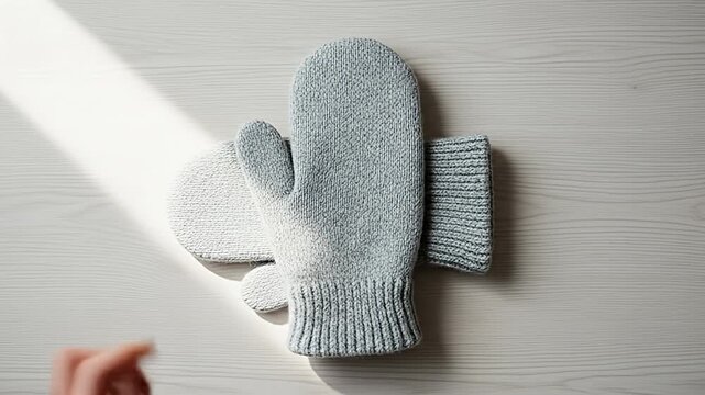 A person putting on a gray mitten on a white wooden table with sunlight.