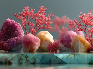Modern Minimalist Underwater Coral 3D Render on Geometric Platform with Cyan and Pink Palette, 8K