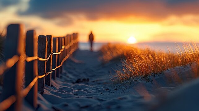 A person walks along a sandy path towards the sunset, with a wooden fence on the side and tall grass in the foreground.