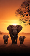 Three elephants walking at sunset with a tree in the background in a warm orange color scheme