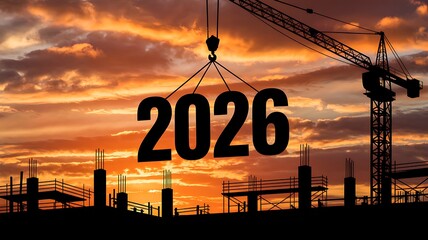 Construction crane lifting the year 2026 numbers over a silhouetted building site at sunset symbolizing future development and new beginnings