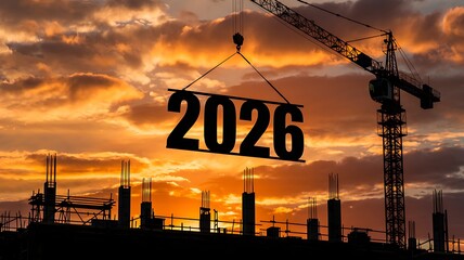 Construction crane lifting the year 2026 sign against a dramatic sunset sky symbolizing future development and progress