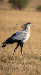 A secretary bird standing tall in a grassy field with its distinctive plumage and long legs visible