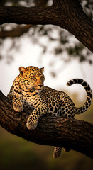 Leopard resting on a tree branch with its tail curled up in a natural outdoor environment setting
