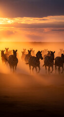 A herd of zebras running through a dusty plain at sunset with a warm golden light shining through