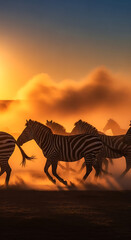 Zebras running through the dusty plains at sunset with a golden sky in the background landscape scene