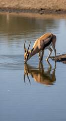 A gazelle is drinking water from a lake with its reflection visible on the surface of the water body