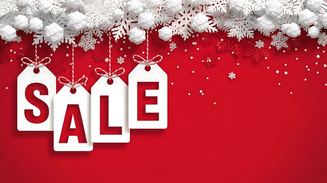 Festive red background with white snow covered pine branches and snowflakes featuring four hanging sale tags announcing a holiday discount