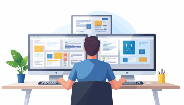 Rear view of a software developer or web designer at a desk with three monitors, creating a user interface. Concept of programming, coding, and modern workplace workflow