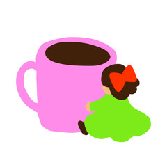 大きなピンクのコーヒーカップの前に座る赤いリボンの女の子のかわいいイラスト｜子どもとカップのポップでシンプルなデザイン