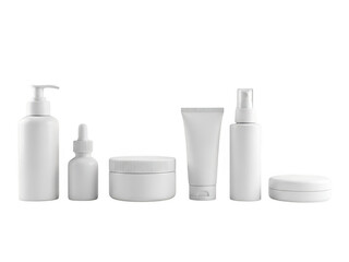 Collection of six white cosmetic packaging containers including pump bottle, dropper, jar, tube, spray bottle, and compact isolated on transparent background