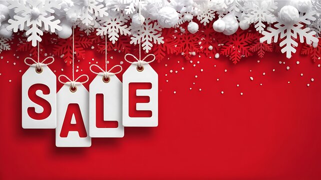 Festive white sale tags with red lettering hang against a vibrant red background adorned with sparkling white snowflakes and frosty branches