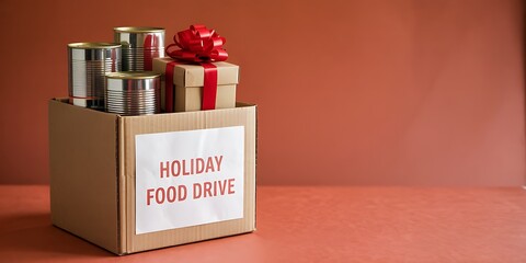 Cardboard box filled with canned goods and a small gift for a holiday food drive donation event