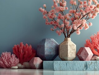 Modern Minimalist Underwater Coral 3D Scene: Pink Coral on Geometric Platform with Cyan Background, 8K Render