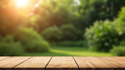 Wooden tabletop with blurred green garden background and warm sunlight