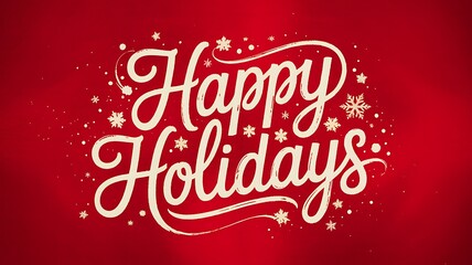 Elegant white script text happy holidays with sparkles and stars on a rich red textured background