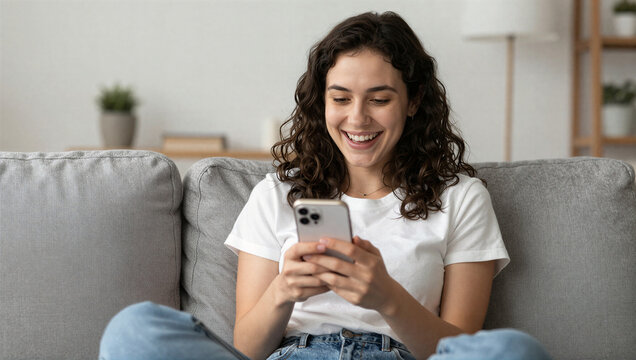 Relaxing at home young woman engaged in texting on smartphone modern living room casual environment joyful viewpoint