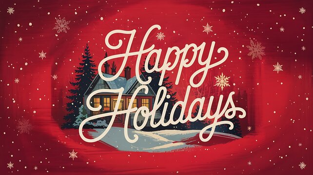 Festive happy holidays greeting with a cozy snow covered cabin nestled among pine trees under a starry winter night sky with falling snowflakes