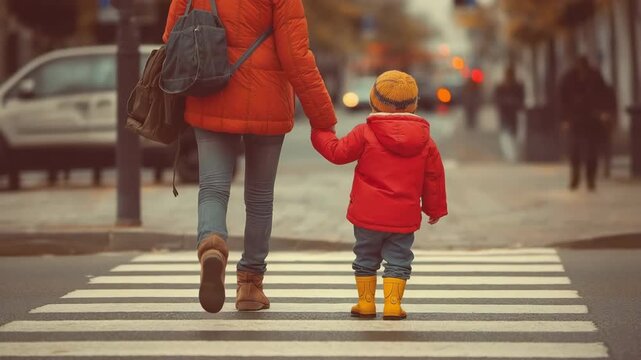 A parent crossing the street with a small child in their grasp at a pedestrian crossing