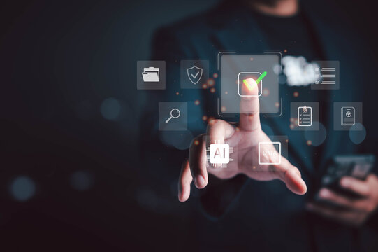 Businessman using AI-powered interface to manage digital data, verify documents, and ensure cybersecurity in smart business environment. Innovation meets automation.