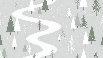 Winter Forest Road Illustration with Evergreen Trees.