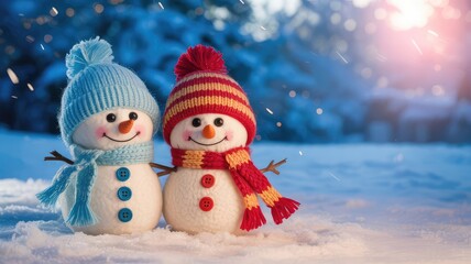 Two adorable snowmen smiling in a snowy winter wonderland, perfect for holiday greetings and festive promotions bringing joy and warmth this season