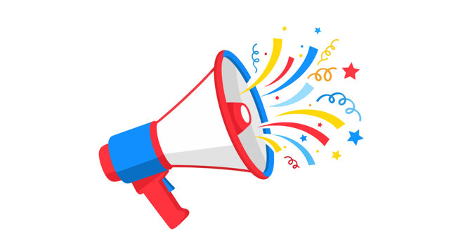 Festive announcement concept with a colorful megaphone broadcasting party confetti, streamers, and stars for a celebration event