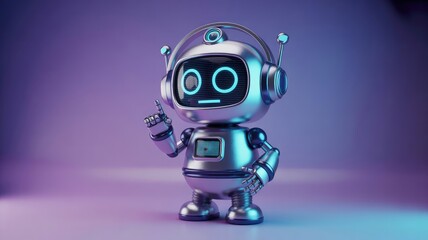 Cute robot with raised index finger offering a helpful suggestion in a modern, futuristic style with a gleaming metal finish and vibrant neon accents