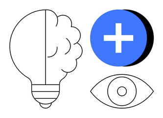 Brainstorming concept. Minimalist illustration lightbulb, eye, and plus symbol innovation and creative problem-solving. Brainstorming for entrepreneurship, education, collaboration, and visual design