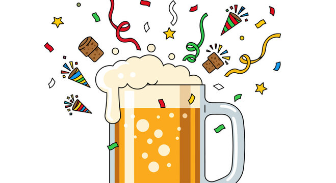 A celebratory cartoon illustration of a beer mug with overflowing foam, surrounded by an explosion of colorful confetti and party poppers