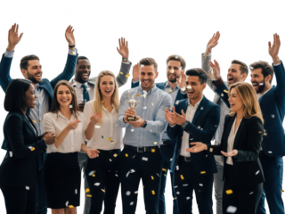 Happy diverse business team celebrating success with confetti and a trophy, isolated on transparent background