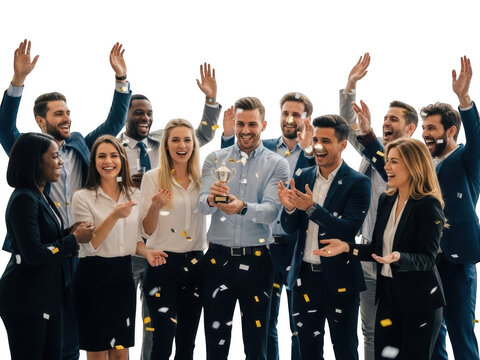 Happy diverse business team celebrating success with confetti and a trophy, isolated on transparent background