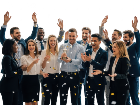Happy diverse business team celebrating success with confetti and a trophy, isolated on transparent background